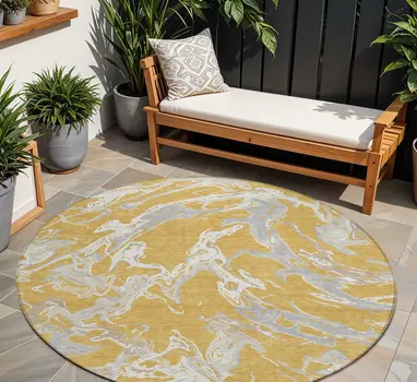 8' Gold Gray And Ivory Round Abstract Washable Indoor Outdoor Area Rug