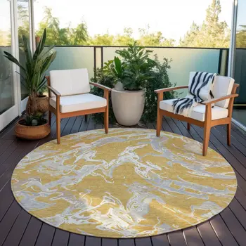8' Gold Gray And Ivory Round Abstract Washable Indoor Outdoor Area Rug