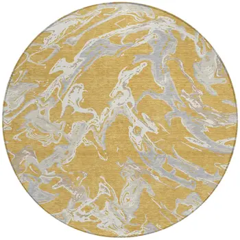 8' Gold Gray And Ivory Round Abstract Washable Indoor Outdoor Area Rug