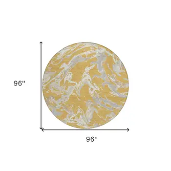 8' Gold Gray And Ivory Round Abstract Washable Indoor Outdoor Area Rug