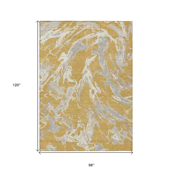 8' X 10' Gold Gray And Ivory Abstract Washable Indoor Outdoor Area Rug