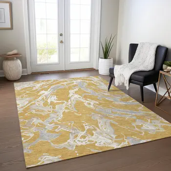 8' X 10' Gold Gray And Ivory Abstract Washable Indoor Outdoor Area Rug