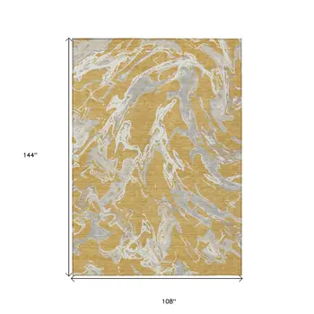 9' X 12' Gold Gray And Ivory Abstract Washable Indoor Outdoor Area Rug