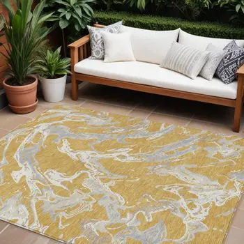 9' X 12' Gold Gray And Ivory Abstract Washable Indoor Outdoor Area Rug