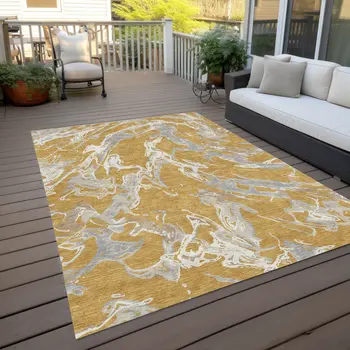 10' X 14' Gold Gray And Ivory Abstract Washable Indoor Outdoor Area Rug