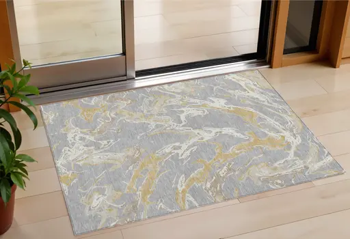 3' X 5' Gray Ivory And Gold Abstract Washable Indoor Outdoor Area Rug