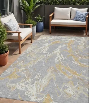 5' X 8' Gray Ivory And Gold Abstract Washable Indoor Outdoor Area Rug