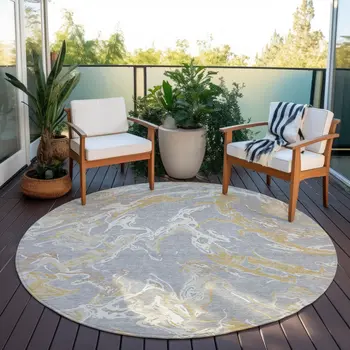 8' Gray Ivory And Gold Round Abstract Washable Indoor Outdoor Area Rug