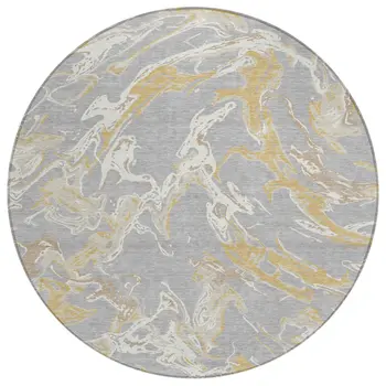 8' Gray Ivory And Gold Round Abstract Washable Indoor Outdoor Area Rug