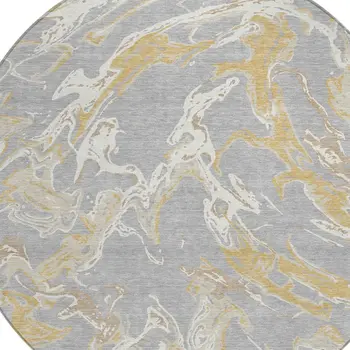 8' Gray Ivory And Gold Round Abstract Washable Indoor Outdoor Area Rug