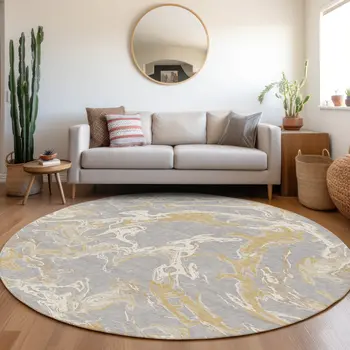 8' Gray Ivory And Gold Round Abstract Washable Indoor Outdoor Area Rug