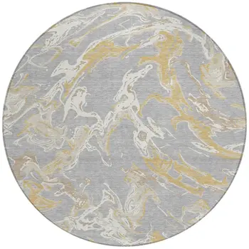 8' Gray Ivory And Gold Round Abstract Washable Indoor Outdoor Area Rug