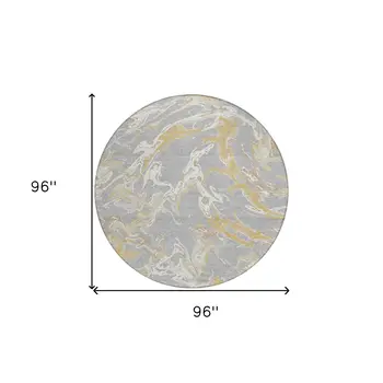 8' Gray Ivory And Gold Round Abstract Washable Indoor Outdoor Area Rug