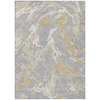 8' X 10' Gray Ivory And Gold Abstract Washable Indoor Outdoor Area Rug