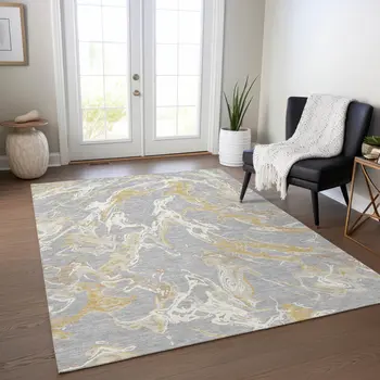 8' X 10' Gray Ivory And Gold Abstract Washable Indoor Outdoor Area Rug