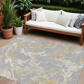 9' X 12' Gray Ivory And Gold Abstract Washable Indoor Outdoor Area Rug