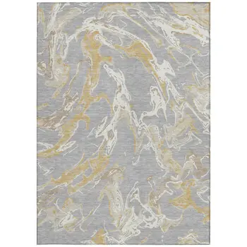 10' X 14' Gray Ivory And Gold Abstract Washable Indoor Outdoor Area Rug