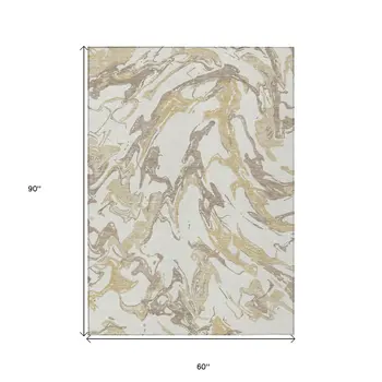 5' X 8' Ivory Gold And Brown Abstract Washable Indoor Outdoor Area Rug