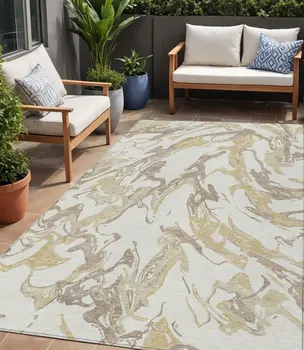 5' X 8' Ivory Gold And Brown Abstract Washable Indoor Outdoor Area Rug