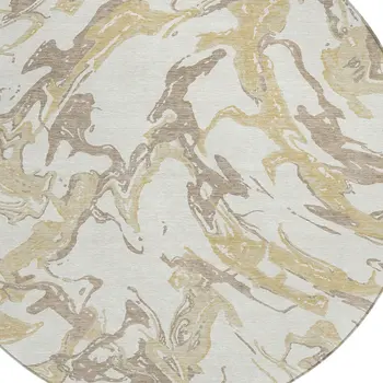 8' Ivory Gold And Brown Round Abstract Washable Indoor Outdoor Area Rug