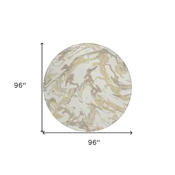 8' Ivory Gold And Brown Round Abstract Washable Indoor Outdoor Area Rug