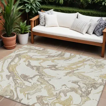 10' X 14' Ivory Gold And Brown Abstract Washable Indoor Outdoor Area Rug