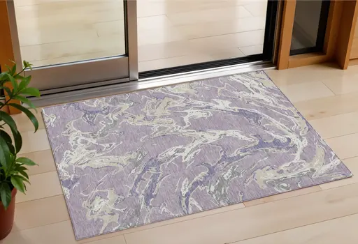3' X 5' Lavender And Ivory Abstract Washable Indoor Outdoor Area Rug