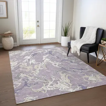 5' X 8' Lavender And Ivory Abstract Washable Indoor Outdoor Area Rug