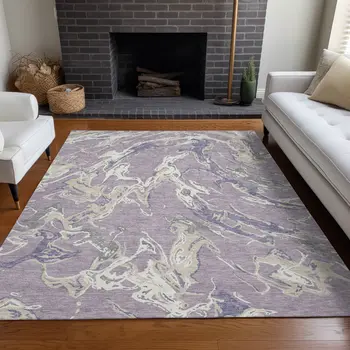 5' X 8' Lavender And Ivory Abstract Washable Indoor Outdoor Area Rug