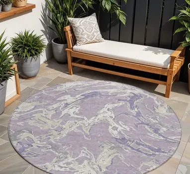 8' Lavender And Ivory Round Abstract Washable Indoor Outdoor Area Rug