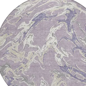 8' Lavender And Ivory Round Abstract Washable Indoor Outdoor Area Rug