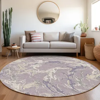 8' Lavender And Ivory Round Abstract Washable Indoor Outdoor Area Rug