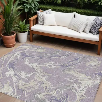 10' X 14' Lavender And Ivory Abstract Washable Indoor Outdoor Area Rug