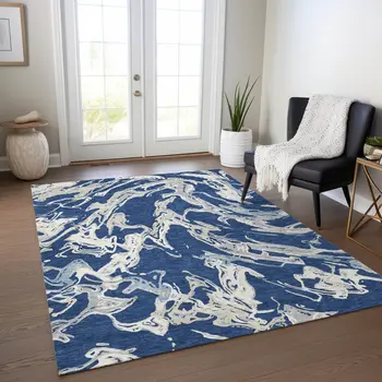 3' X 5' Navy Blue Gray And Ivory Abstract Washable Indoor Outdoor Area Rug