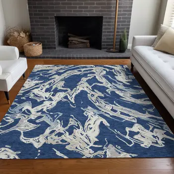 3' X 5' Navy Blue Gray And Ivory Abstract Washable Indoor Outdoor Area Rug
