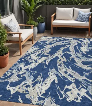 5' X 8' Navy Blue Gray And Ivory Abstract Washable Indoor Outdoor Area Rug