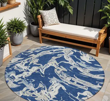 8' Navy Blue Gray And Ivory Round Abstract Washable Indoor Outdoor Area Rug