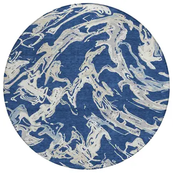 8' Navy Blue Gray And Ivory Round Abstract Washable Indoor Outdoor Area Rug