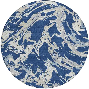 8' Navy Blue Gray And Ivory Round Abstract Washable Indoor Outdoor Area Rug