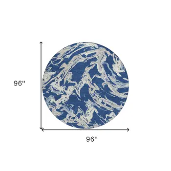 8' Navy Blue Gray And Ivory Round Abstract Washable Indoor Outdoor Area Rug