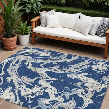 8' X 10' Navy Blue Gray And Ivory Abstract Washable Indoor Outdoor Area Rug