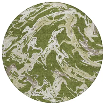 8' Olive Green And Ivory Round Abstract Washable Indoor Outdoor Area Rug