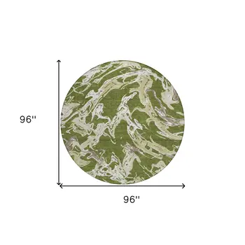8' Olive Green And Ivory Round Abstract Washable Indoor Outdoor Area Rug