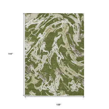 9' X 12' Olive Green And Ivory Abstract Washable Indoor Outdoor Area Rug