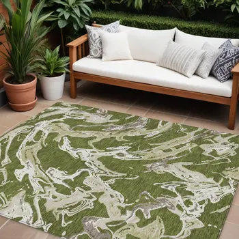 9' X 12' Olive Green And Ivory Abstract Washable Indoor Outdoor Area Rug