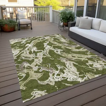 9' X 12' Olive Green And Ivory Abstract Washable Indoor Outdoor Area Rug