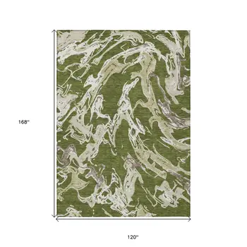10' X 14' Olive Green And Ivory Abstract Washable Indoor Outdoor Area Rug