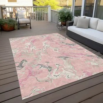 3' X 5' Pink Gray And Ivory Abstract Washable Indoor Outdoor Area Rug