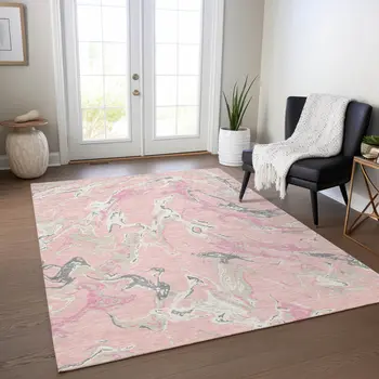 3' X 5' Pink Gray And Ivory Abstract Washable Indoor Outdoor Area Rug