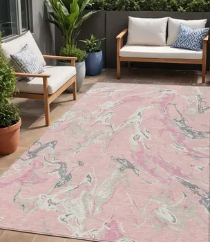 5' X 8' Pink Gray And Ivory Abstract Washable Indoor Outdoor Area Rug